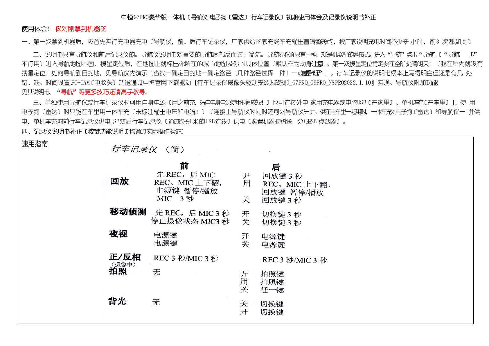 中恒G7PRO一体机(导航仪+电子狗(雷达)+行车记录仪)初期使用体会及记录仪说明书