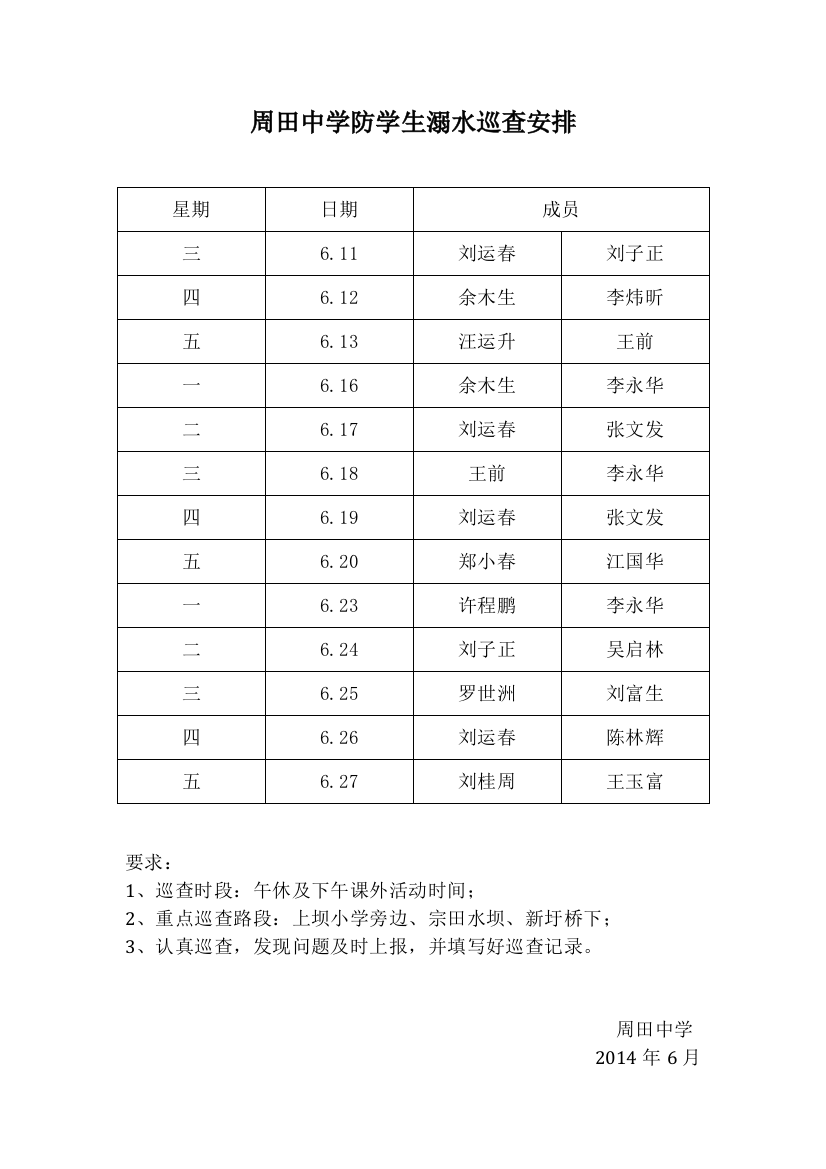 周田中学防学生溺水巡查安排