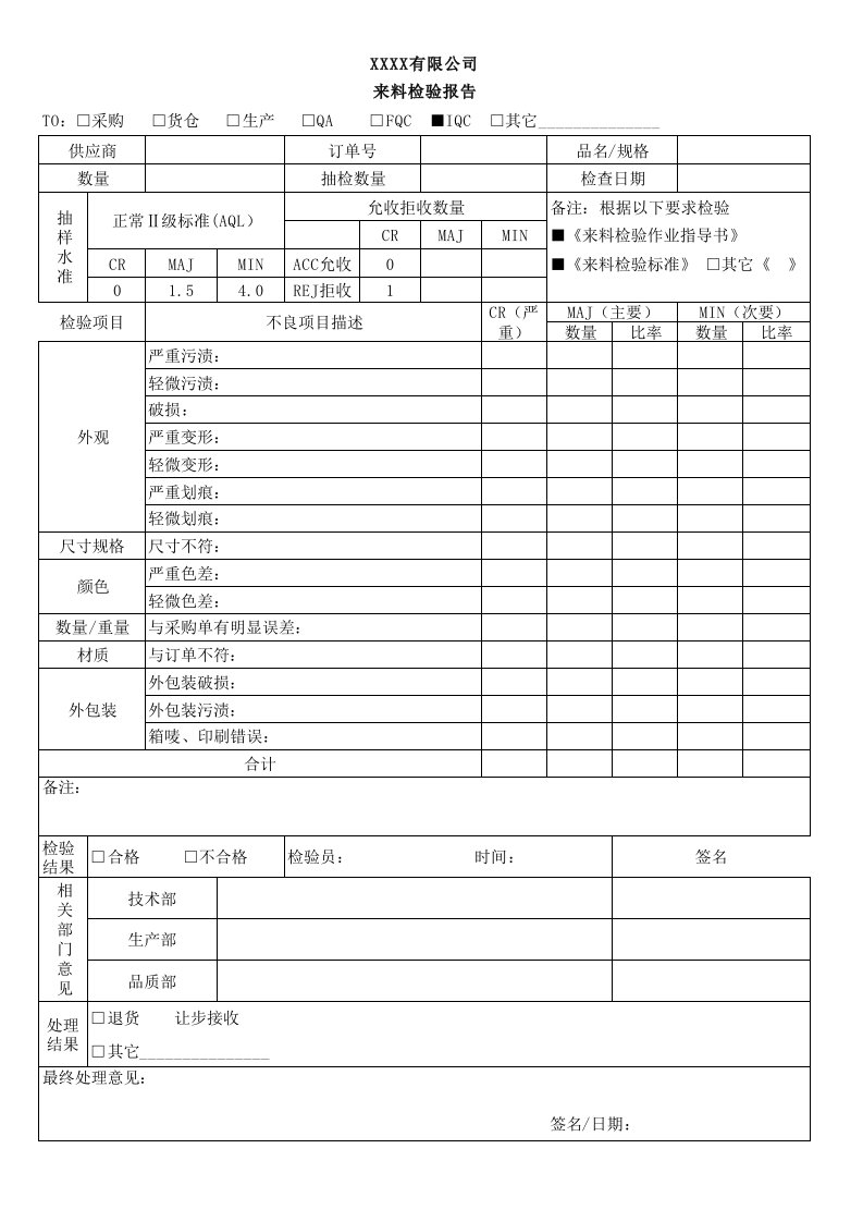 来料检验记录表