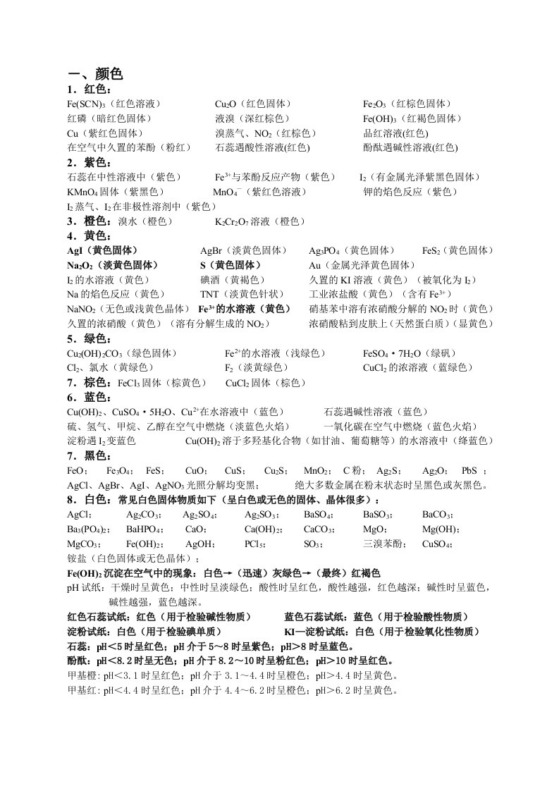 高中化学物质颜色、用途汇总