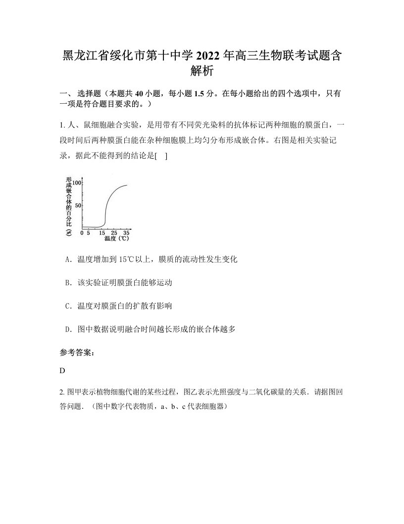 黑龙江省绥化市第十中学2022年高三生物联考试题含解析