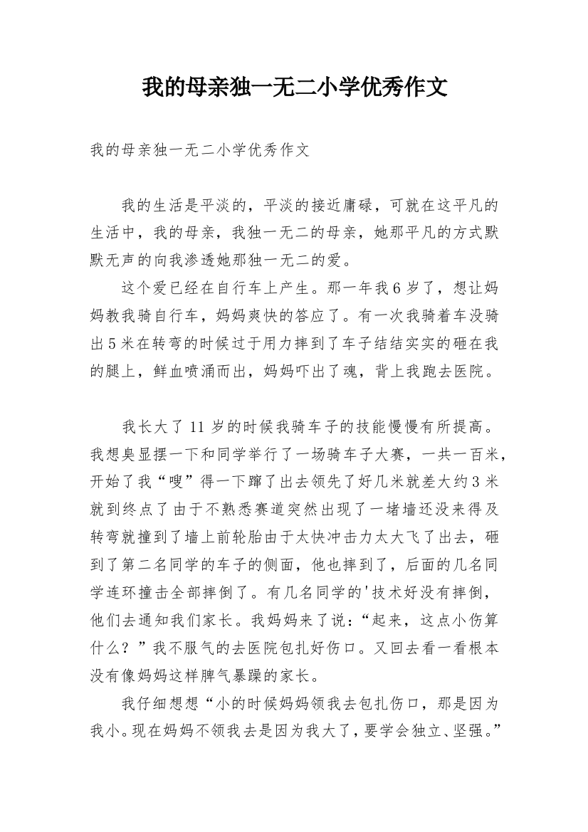 我的母亲独一无二小学优秀作文