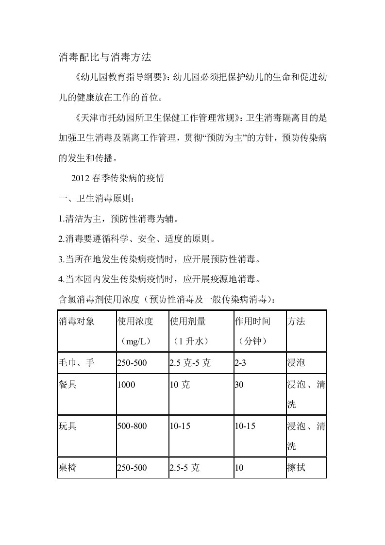 幼儿园消毒配比与消毒方法