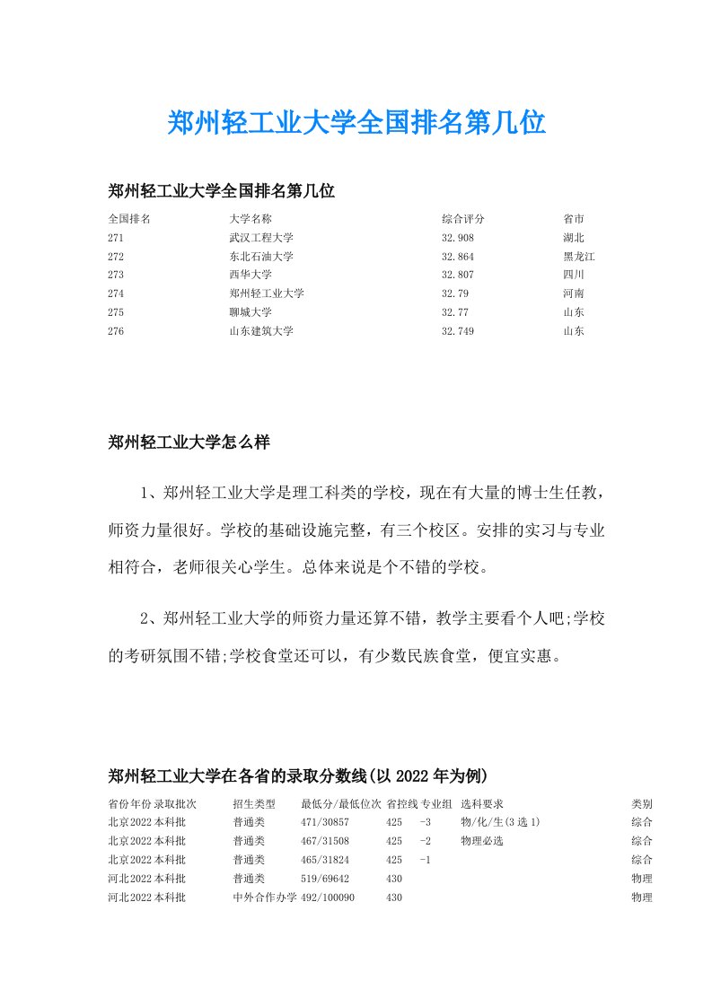 郑州轻工业大学全国排名第几位