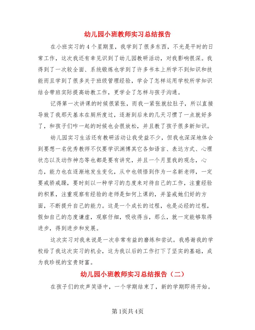 幼儿园小班教师实习总结报告（二篇）