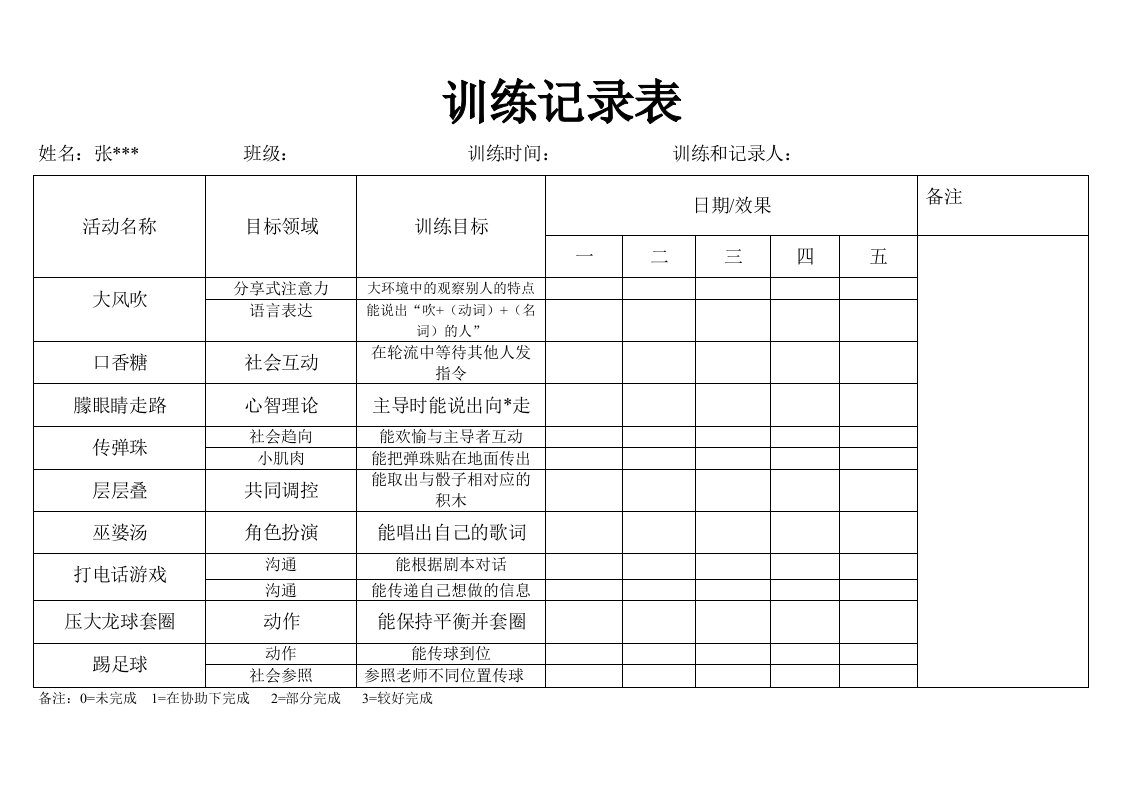 自闭症训练记录表