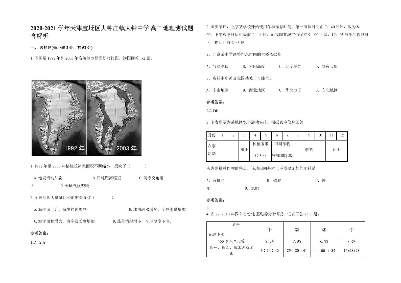 2020-2021学年天津宝坻区大钟庄镇大钟中学高三地理测试题含解析