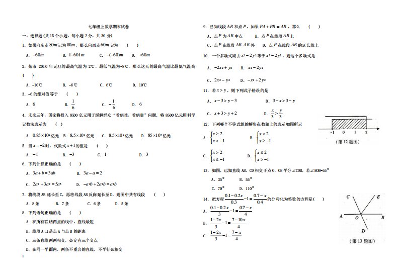 人教版初一数学上册期末考试试题及答案