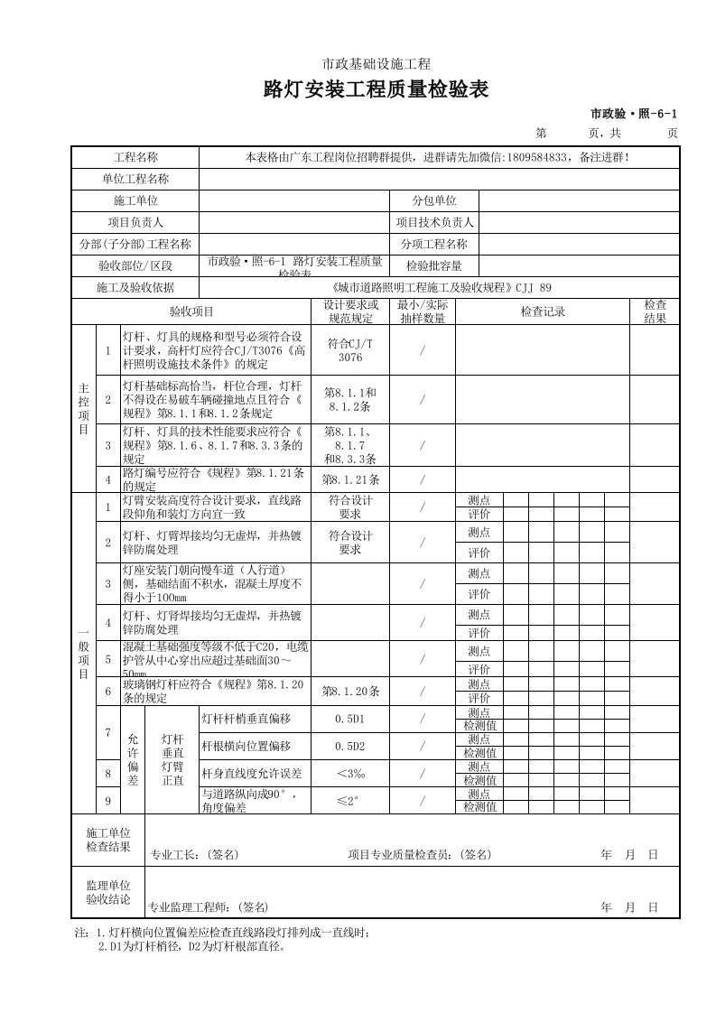 市政验·照-6-1路灯安装工程质量检验表