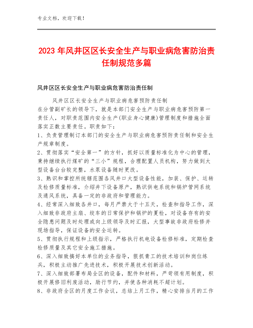 2023年风井区区长安全生产与职业病危害防治责任制规范多篇