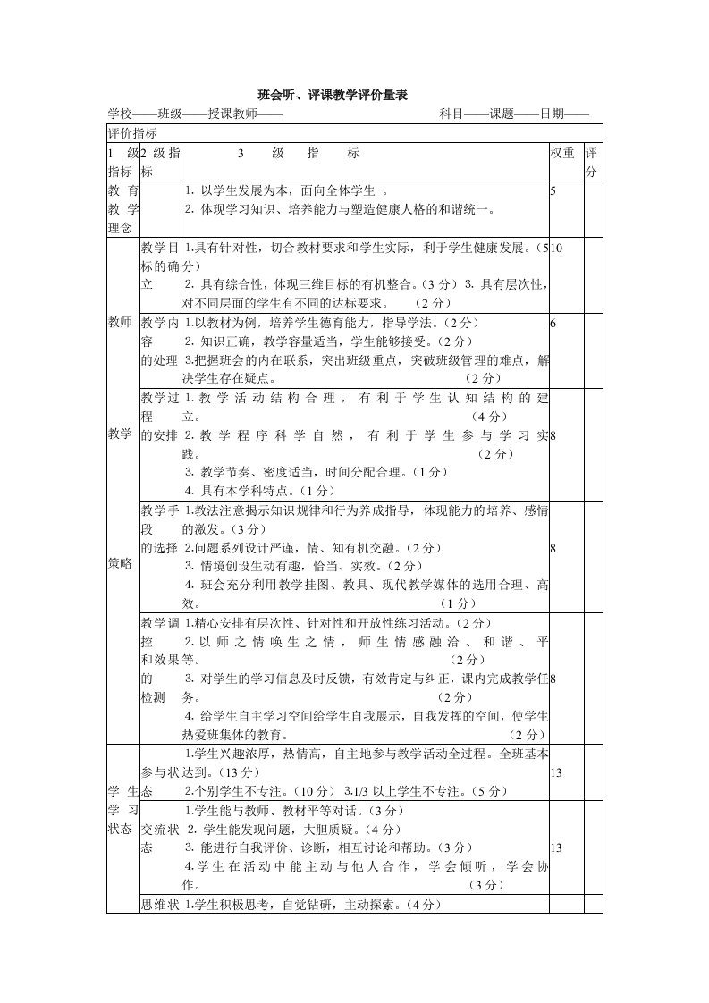 课堂听评课量教学评价量表