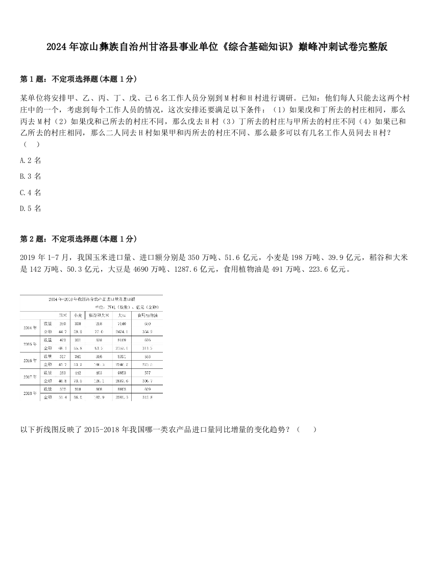 2024年凉山彝族自治州甘洛县事业单位《综合基础知识》巅峰冲刺试卷完整版