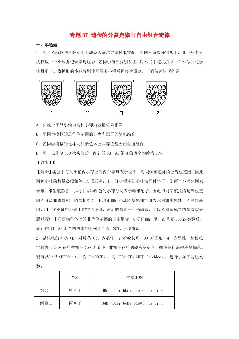 全国卷2020_2021学年高考生物精鸭点突破专题07遗传的分离定律与自由组合定律含解析