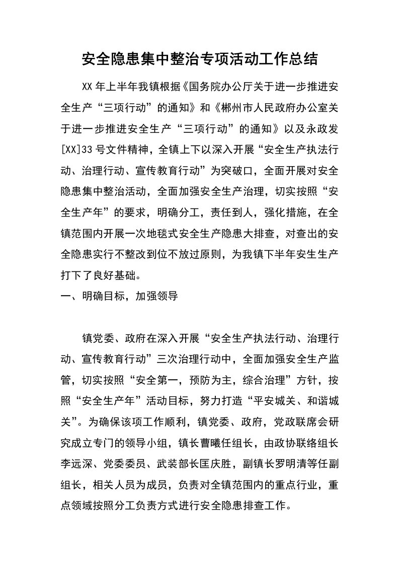 安全隐患集中整治专项活动工作总结