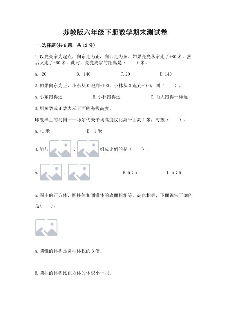 苏教版六年级下册数学期末测试卷附完整答案（各地真题）