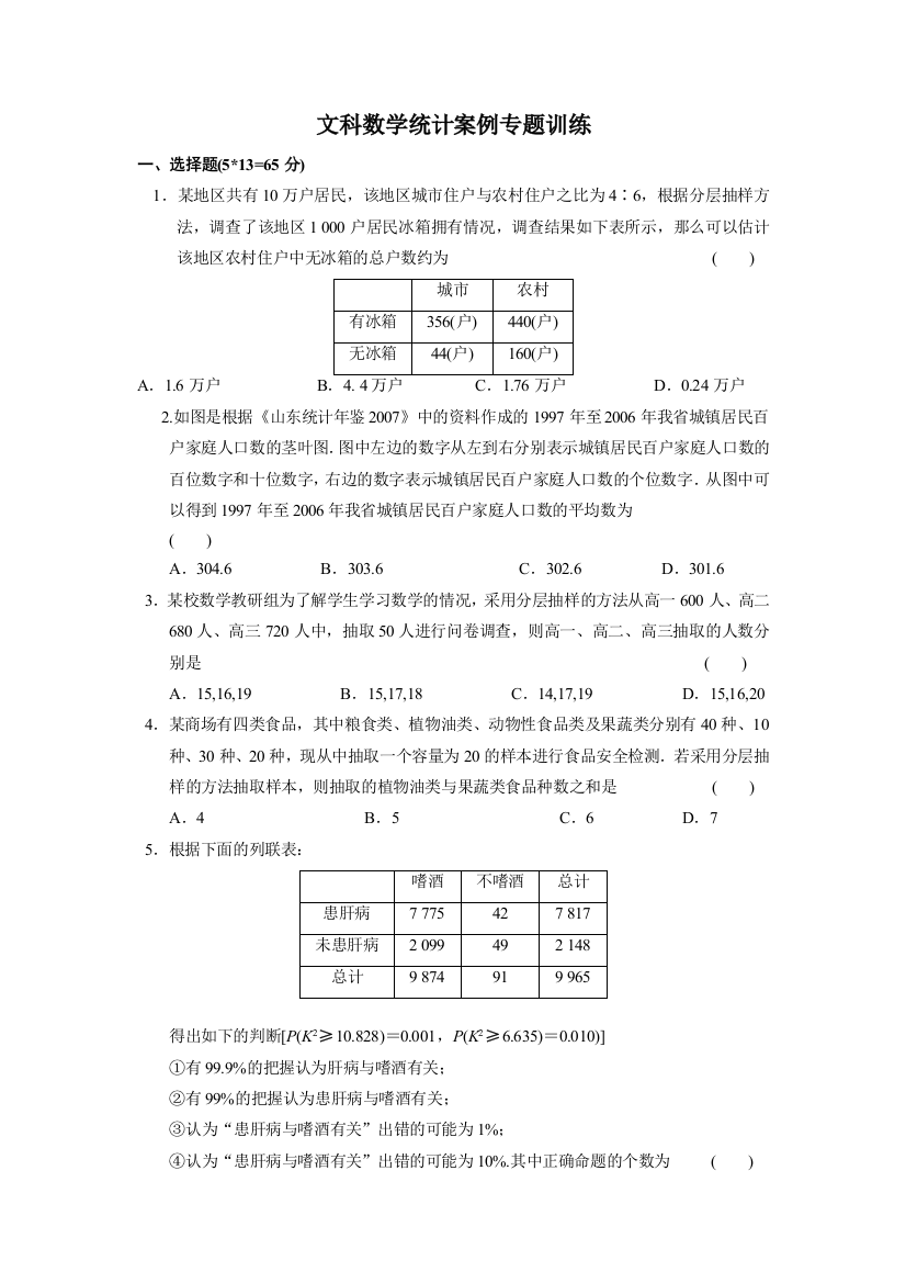 文科数学统计案例专题训练