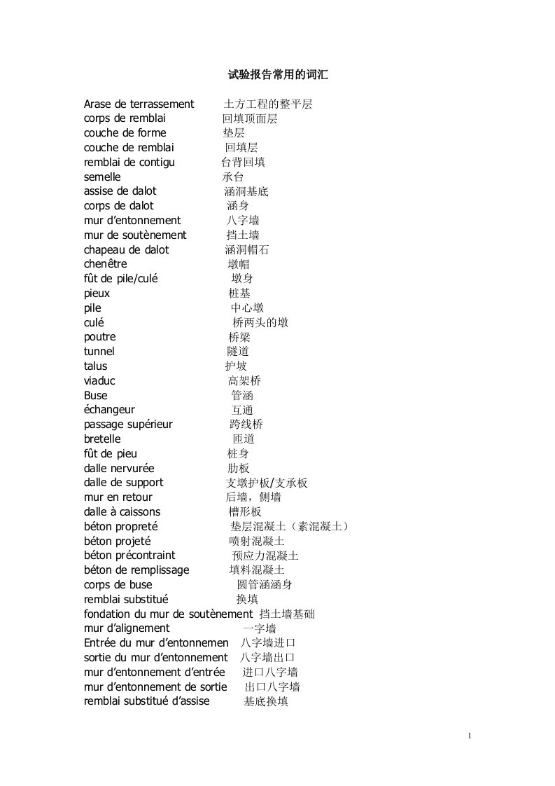 试验报告常用法语词汇