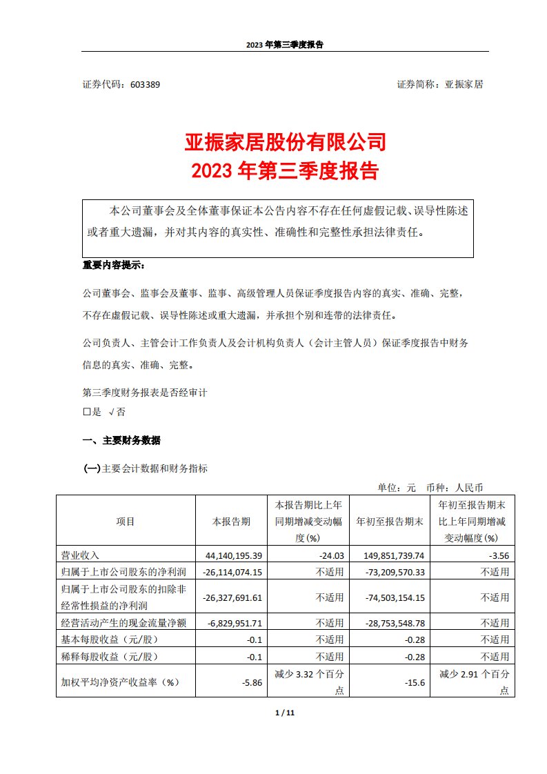 上交所-亚振家居股份有限公司2023年第三季度报告-20231026