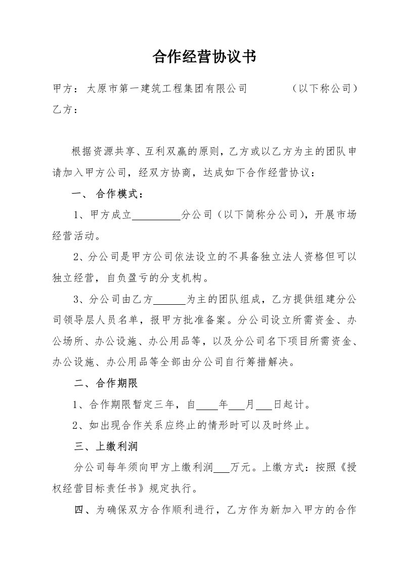 分公司合作经营协议书