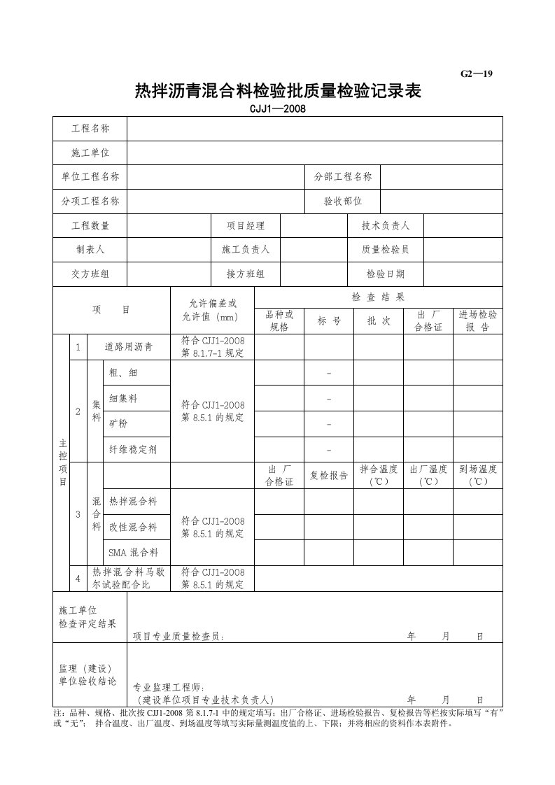 建筑工程-G2—19热拌沥青混合料检验批质量检验记录