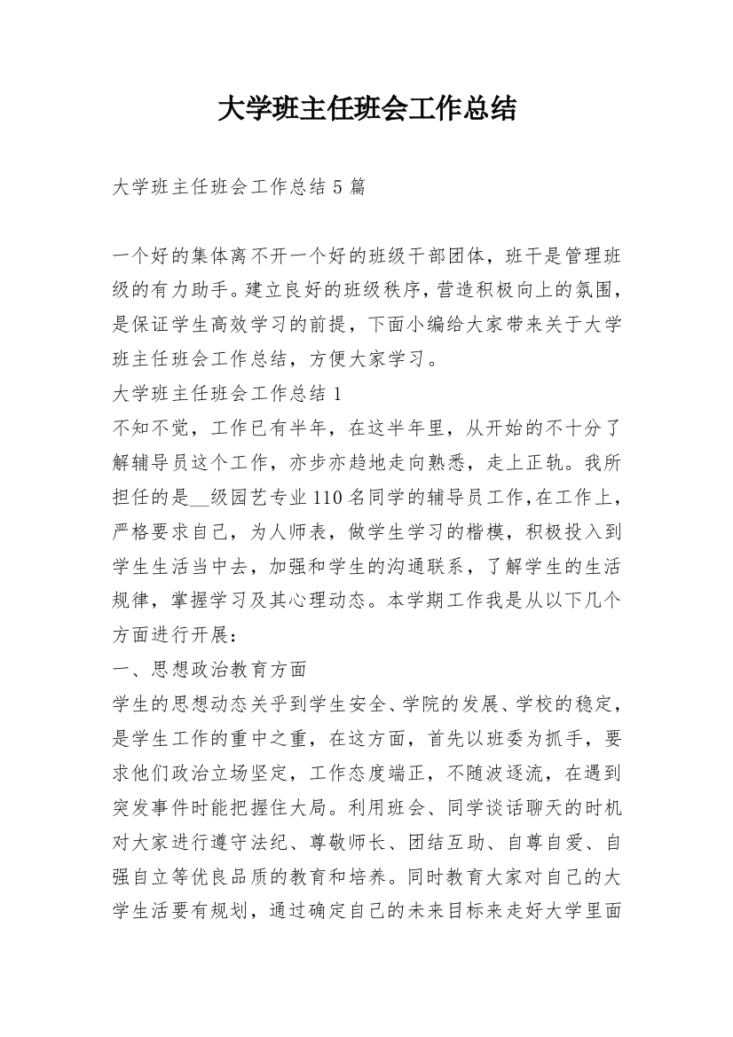 大学班主任班会工作总结