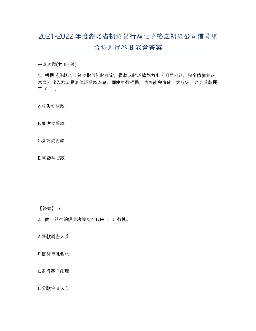 2021-2022年度湖北省初级银行从业资格之初级公司信贷综合检测试卷B卷含答案