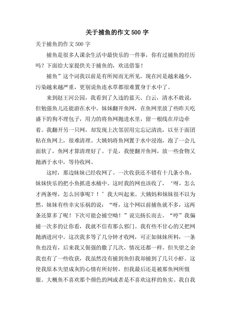 关于捕鱼的作文500字