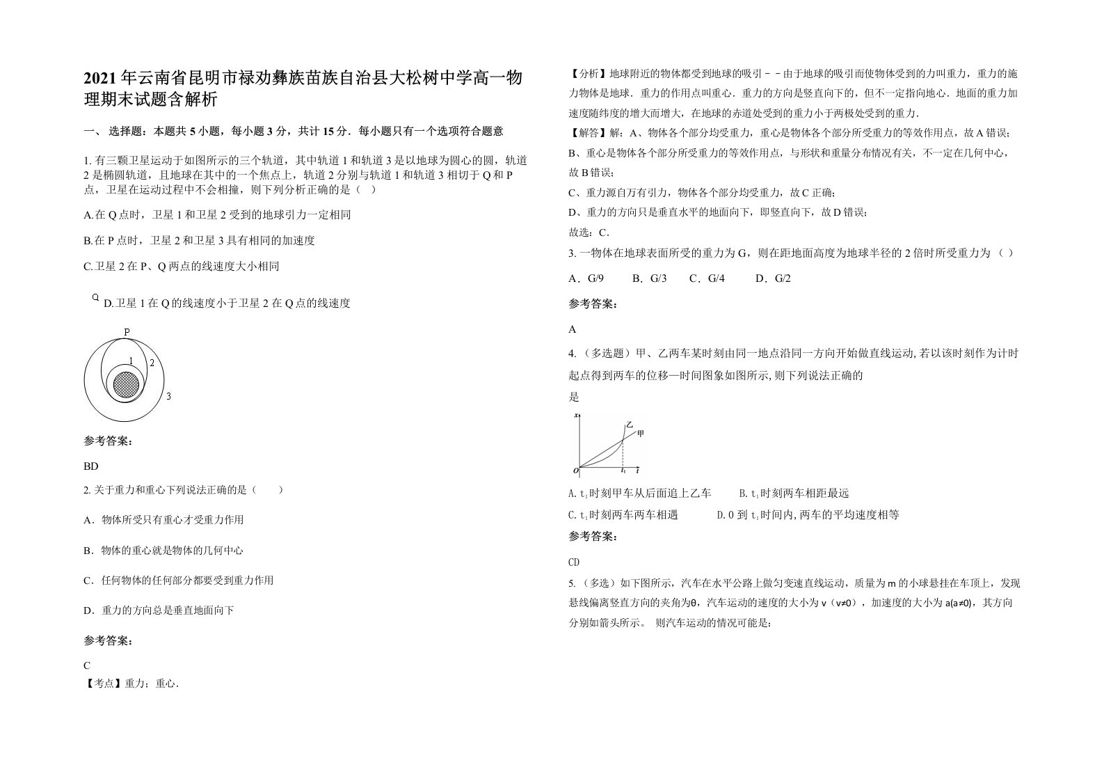 2021年云南省昆明市禄劝彝族苗族自治县大松树中学高一物理期末试题含解析