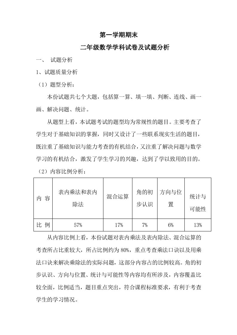 二年级第一学期数学期末考试试卷分析