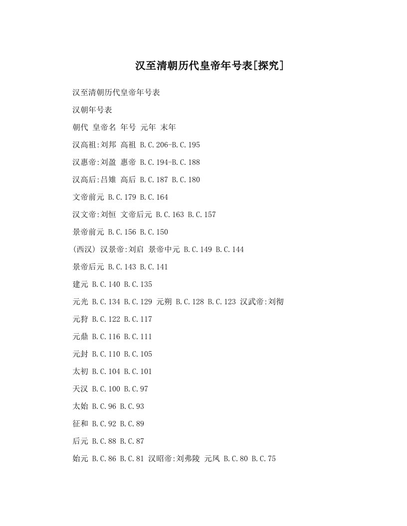 汉至清朝历代皇帝年号表[探究]