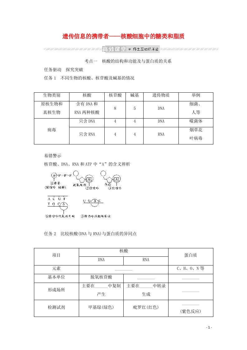 2022学年高考生物一轮复习第一单元走近细胞及组成细胞的分子4遗传信息的携带者__核酸细胞中的糖类和脂质探究案含解析新人教版必修1