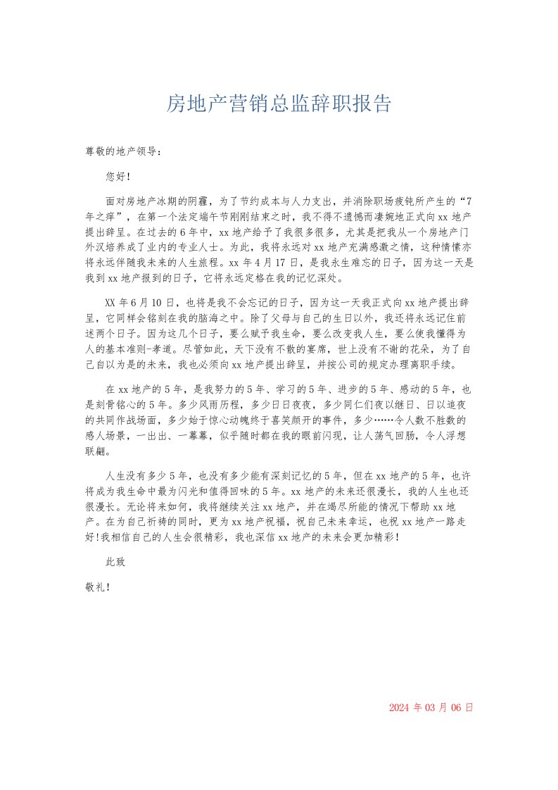 总结报告房地产营销总监辞职报告