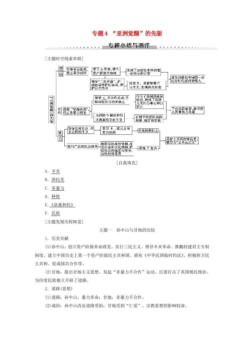 2019-2020学年高中历史专题4“亚洲觉醒”的先驱专题小结与测评学案人民版选修