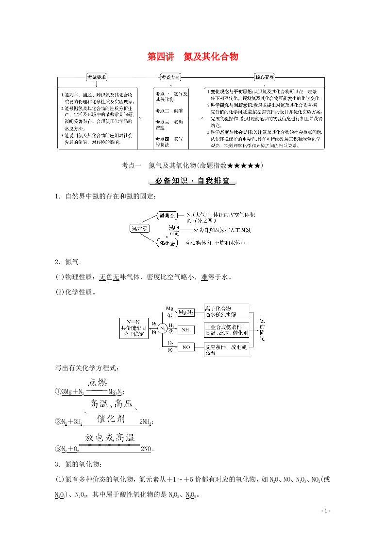 2022版高考化学一轮复习第四章非金属及其化合物第四讲氮及其化合物学案新人教版20210719124