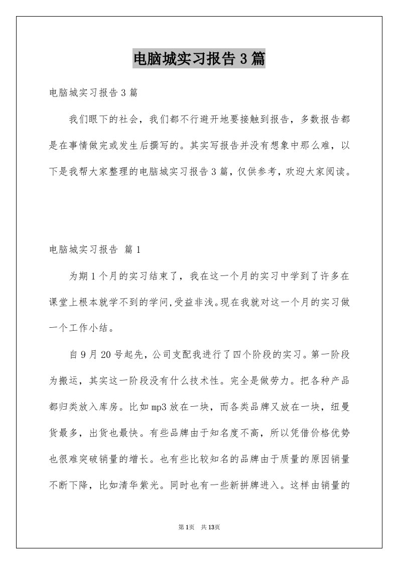 电脑城实习报告3篇例文