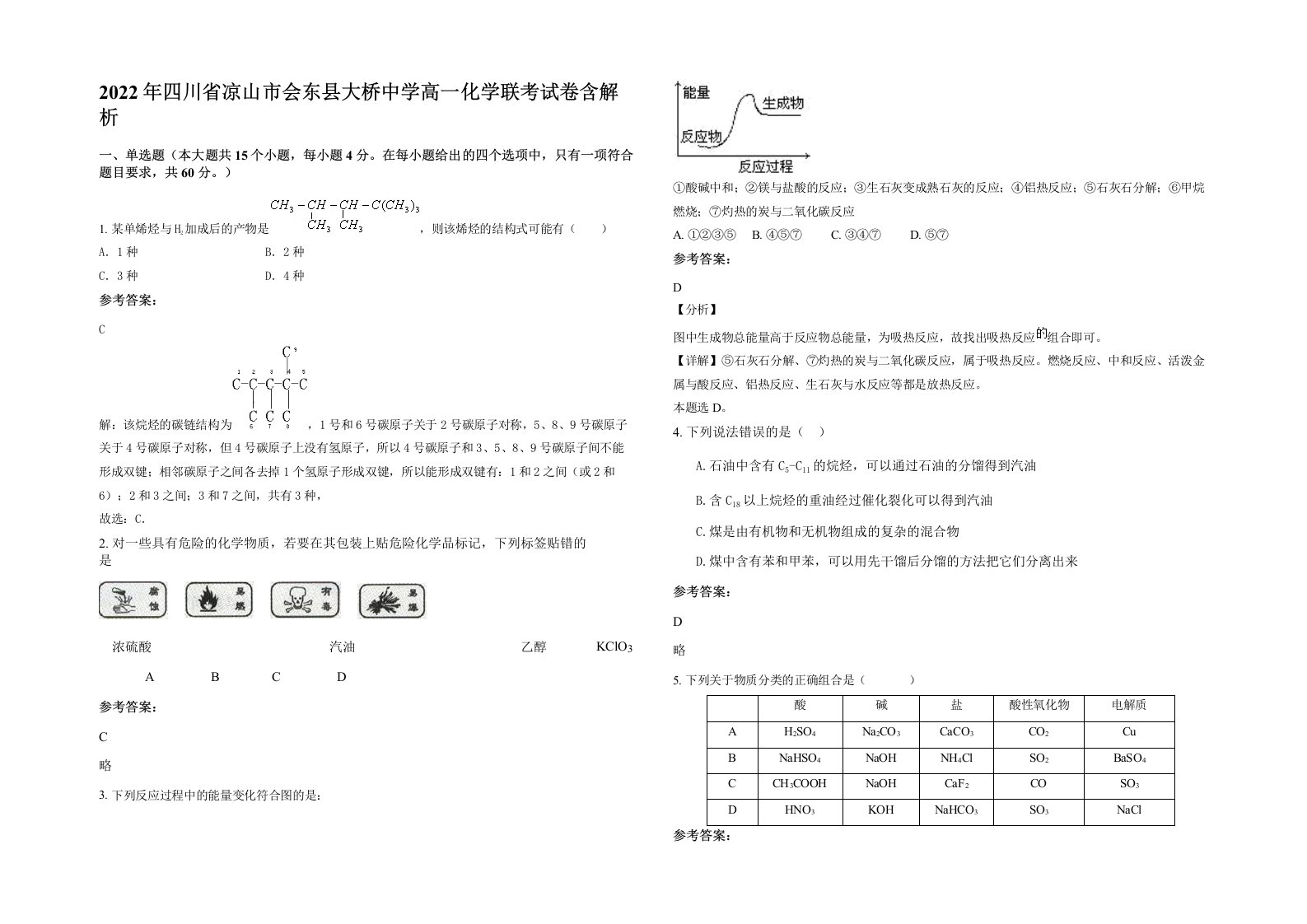 2022年四川省凉山市会东县大桥中学高一化学联考试卷含解析