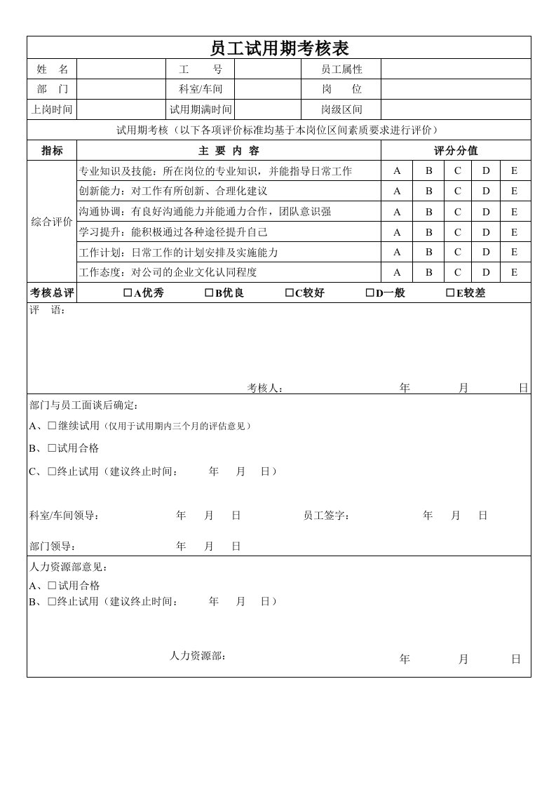 员工试用期考核表