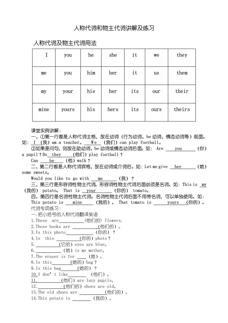 人称代词和物主代词讲解及练习