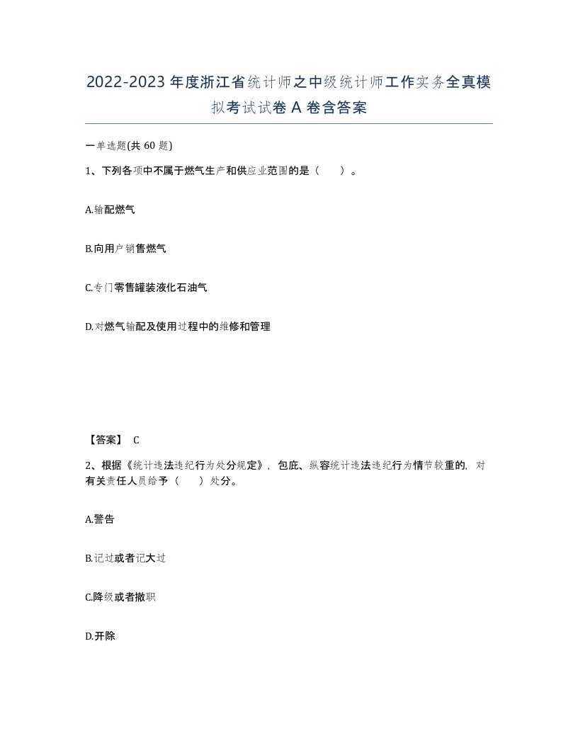 2022-2023年度浙江省统计师之中级统计师工作实务全真模拟考试试卷A卷含答案