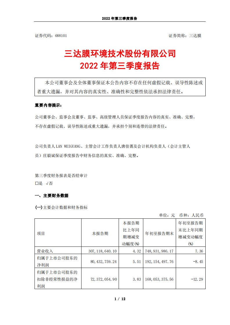 上交所-三达膜2022年第三季度报告-20221027