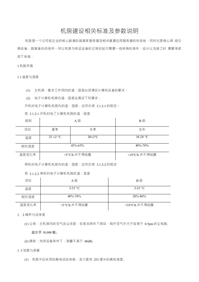 机房建设相关标准及参数说明