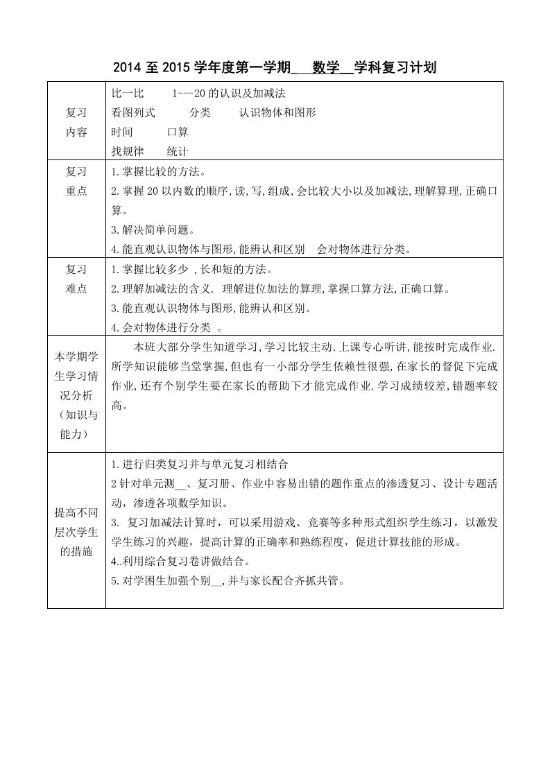 一年级上册数学复习计划教案