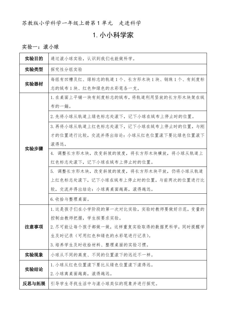 苏教版一年级上册科学1.小小科学家实验报告单