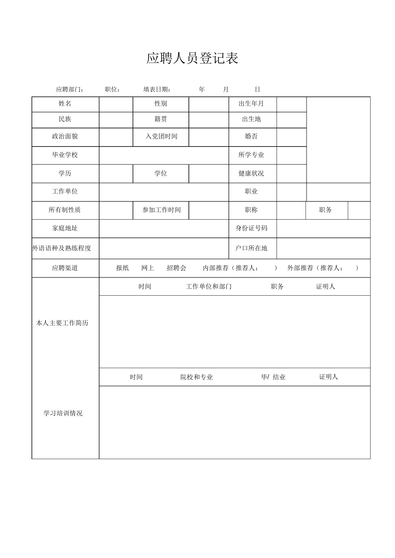 应聘人员登记表模板