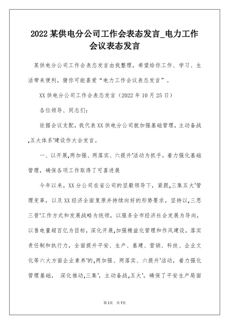 2022某供电分公司工作会表态发言_电力工作会议表态发言