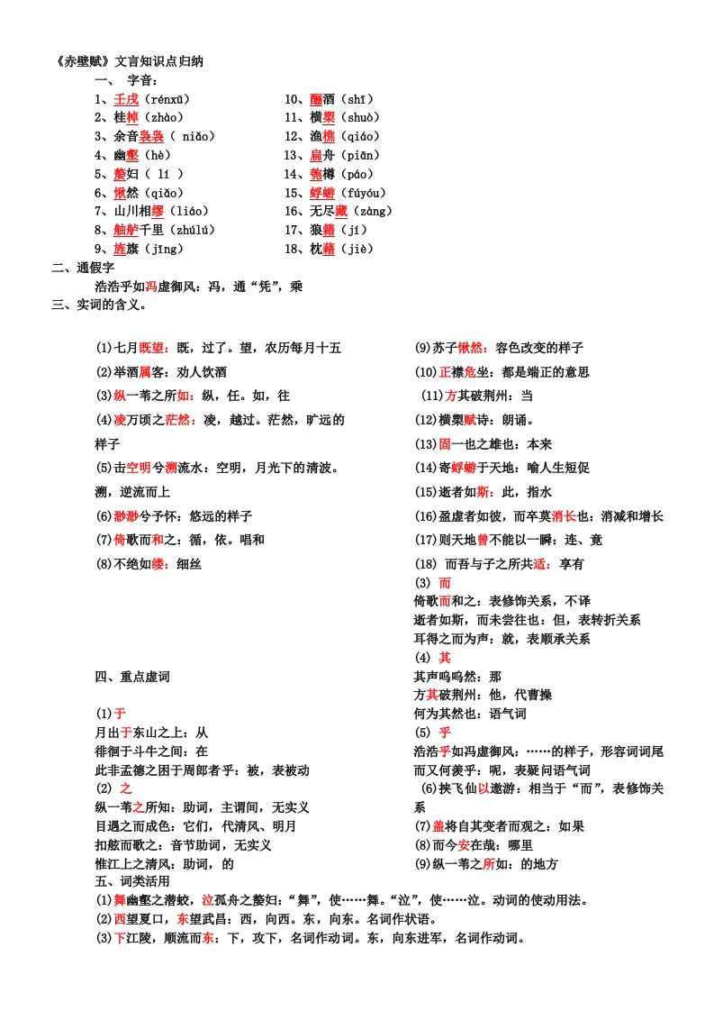 《赤壁赋》文言知识点归纳