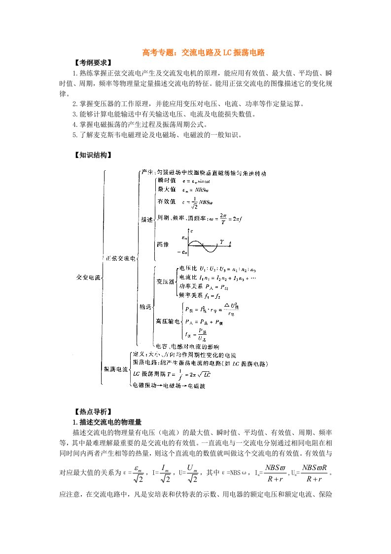 高考专题交流电路及LC振荡电路