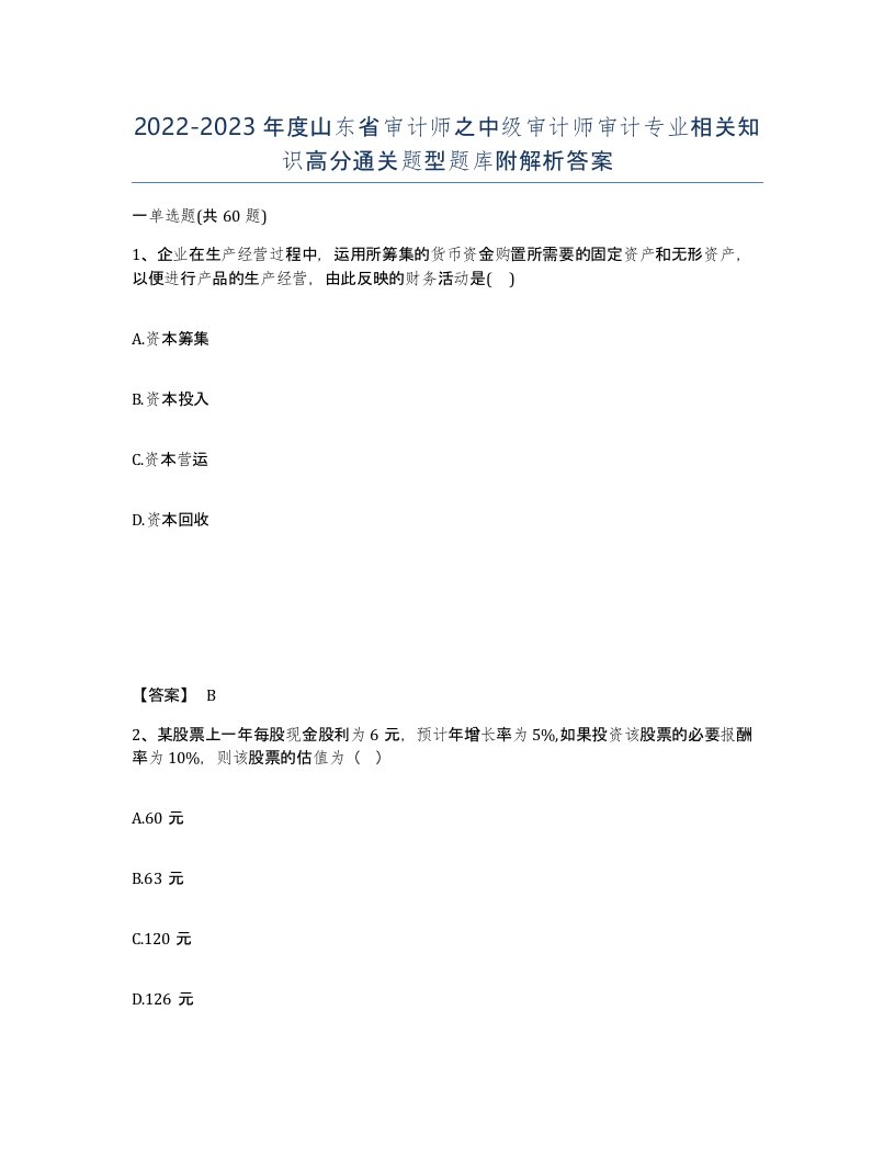 2022-2023年度山东省审计师之中级审计师审计专业相关知识高分通关题型题库附解析答案