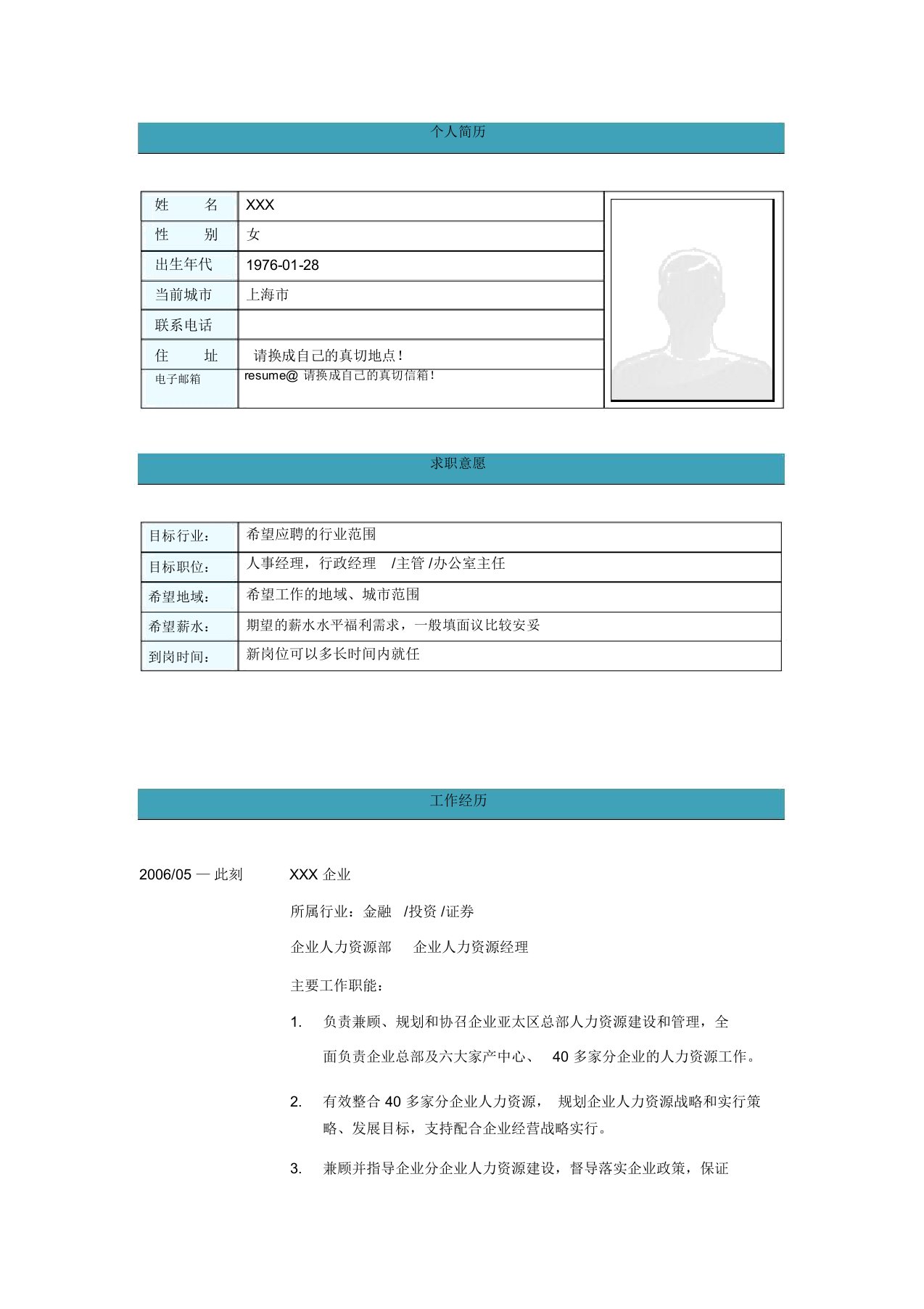 人力资源经理简历模板表格