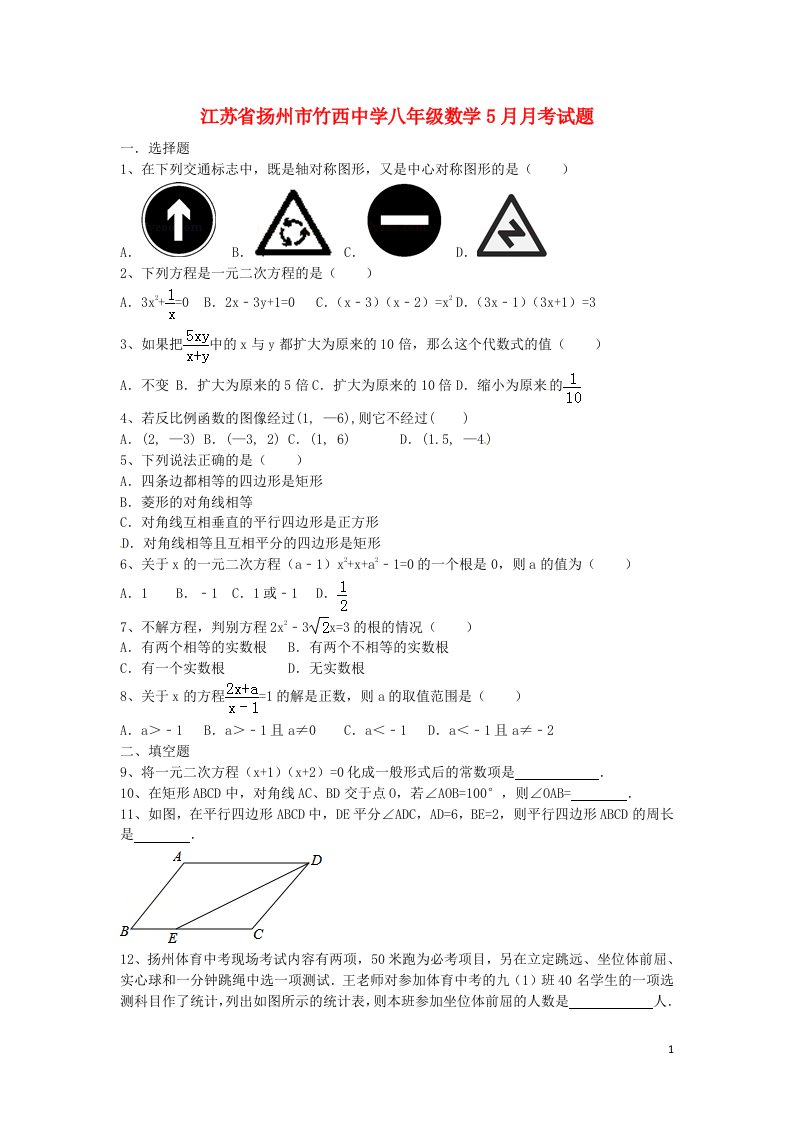 江苏省扬州市竹西中学八级数学5月月考试题